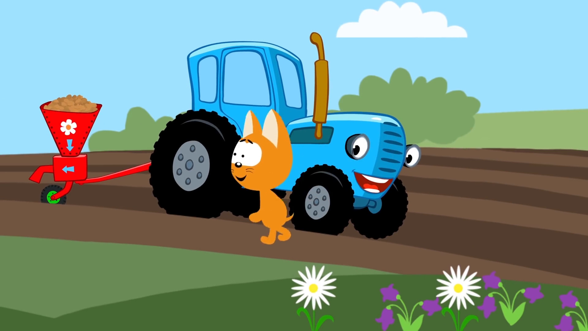 Включи коте волшебный гараж. Поливалка синий трактор. Синий трактор и котенок. Синий трактор для малышей машинки.